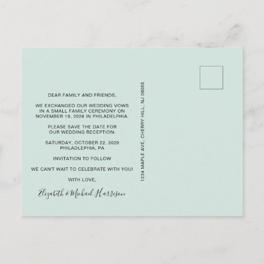 Post Weddenschappen Receptie Mint Opslaan Datum Aankondigingskaart (Achterkant)