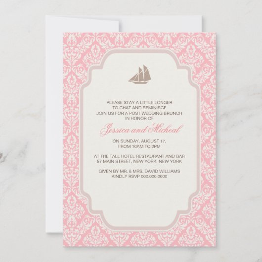 Post Wedding Brunch nodigt roze Damask uit Kaart (Voorkant)