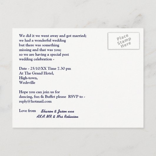 Post Wedding Receptie Party Foto gepersonaliseerd Uitnodiging Briefkaart (Achterkant)