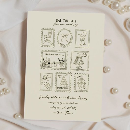 Postage Stamp Hand Drawn Save The Date Card