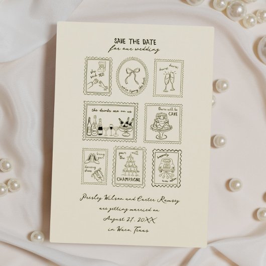 Postage Stamp Hand Drawn Save The Date Card