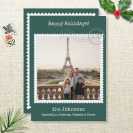 Postage Stamp Square Photo Green Holiday Card Feestdagenkaart