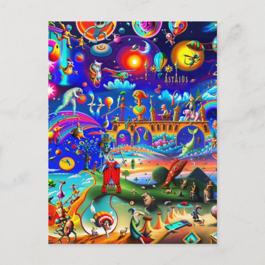 Postale kaart Een wereld van vreemde personages (Voorkant)