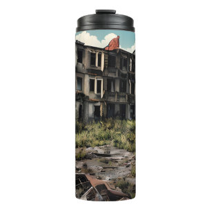 Postapocalyptische vernietiging Verlaten gebouwe Thermosbeker