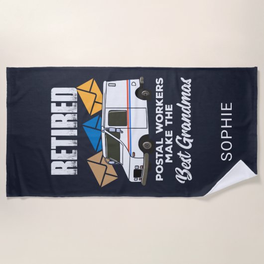 Postarbeiders in ruste maken beste grootmachten op strandlaken (Voorkant)