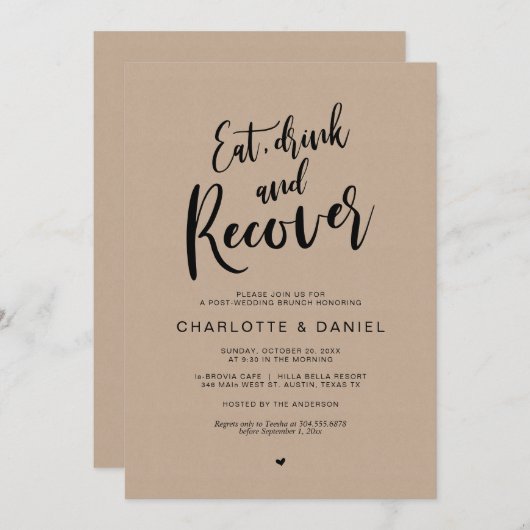 Postbruiloft, eet, Drink en Recover Brunch, Kraft Kaart (Voorkant / Achterkant)
