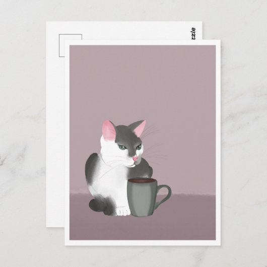 Postcard - Cat with Coffee Briefkaart (Voorkant / Achterkant)