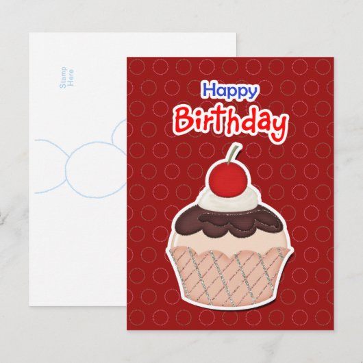 Postcard - Cupcake - Happy Birthday Uitnodiging Briefkaart (Voorkant / Achterkant)