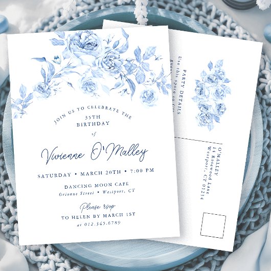 POSTCARD INVITE 35th Birthday Dusty Blue Floral Uitnodiging Briefkaart