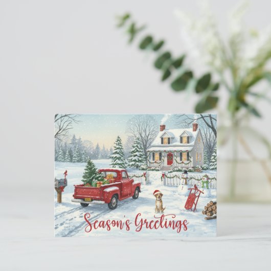 Postcard Season’s Greetings Christmas Watercolor  Feestdagenkaart (Staand voorkant)