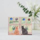  POSTCARD Two Cats at the Window Serene Flowers Briefkaart (Staand voorkant)