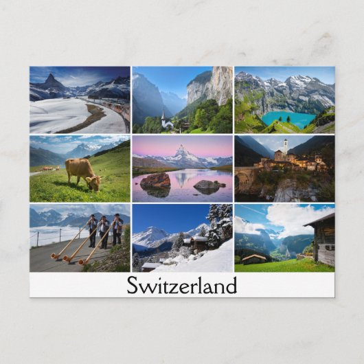 Postcard with landscapes and the text: Switzerland Briefkaart (Voorkant)