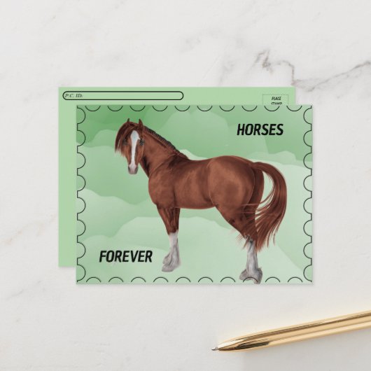 Postcrossing - Bruin Paard met Postage Look Briefkaart (Voorkant / Achterkant in situ)