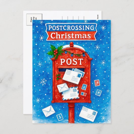 Postcrossing Christmas Watercolor Mailbox Postcard Feestdagenkaart (Voorkant / Achterkant)