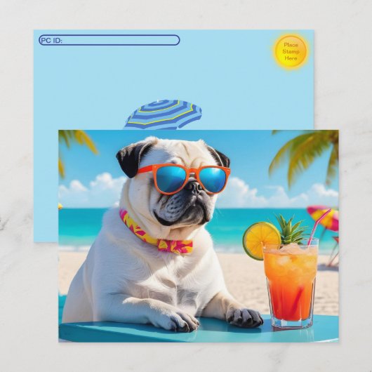 Postcrossing Pug in Paradise Briefkaart (Voorkant / Achterkant)