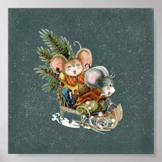 Poster (15,2 x 15,2cm) - Two Mice On A Sleigh (Voorkant)