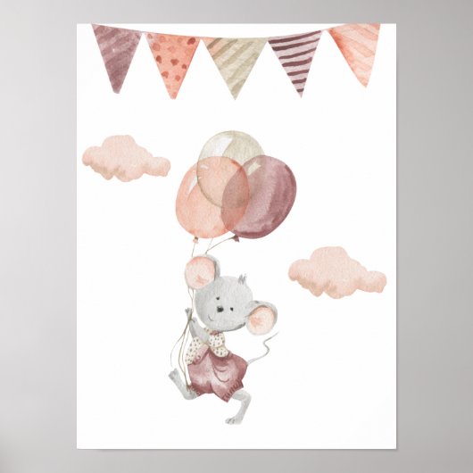 Poster 30,5x40,6cm - kleine muis met ballonnen (Voorkant)