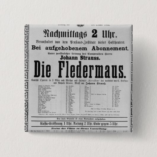 Poster adverteren Die Fledermaus door Johann Vierkante Button 5,1 Cm (Voorkant)