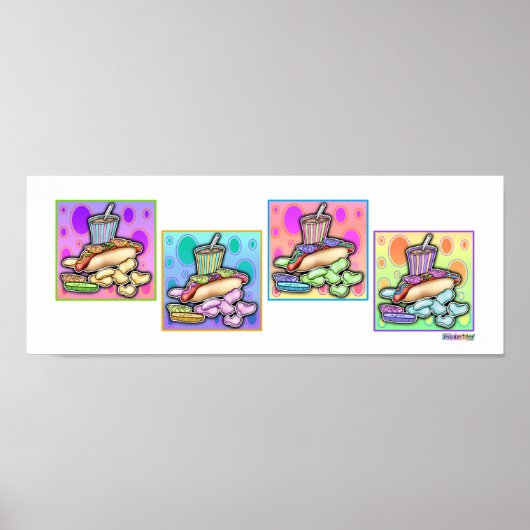 Poster, afdrukken - Pop Art Hot Dog met chips en e Poster (Voorkant)