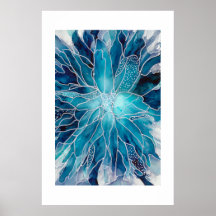 Poster - Alcohol Inkt Kunst Blauwe Witte Bloem