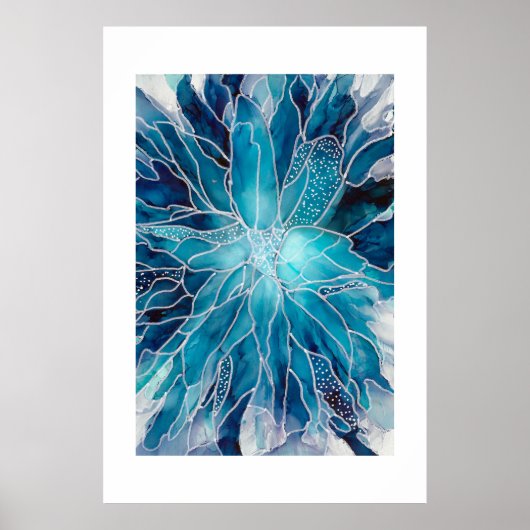 Poster - Alcohol Inkt Kunst Blauwe Witte Bloem (Voorkant)