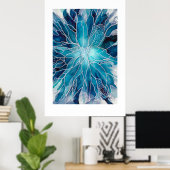 Poster - Alcohol Inkt Kunst Blauwe Witte Bloem (Thuiskantoor)