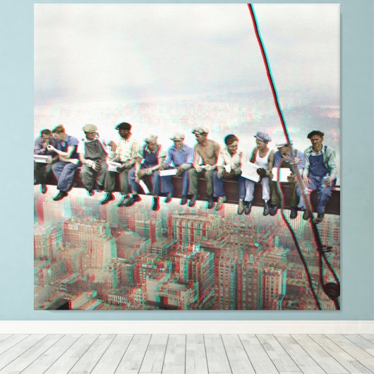 Poster Anaglyph 3D- Lunch atop Skyscraper New York Canvas Afdruk (Insitu (Houten vloer))
