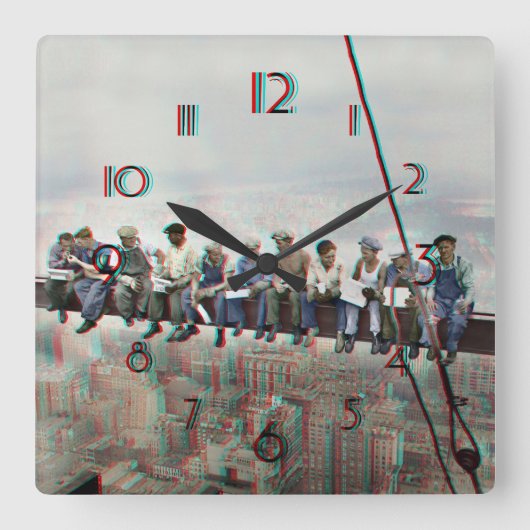 Poster Anaglyph 3D- Lunch atop Skyscraper New York Vierkante Klok (Voorkant)