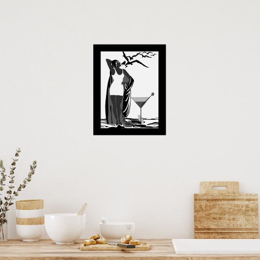 Poster ART DECO LADY Black White Martini (Keuken)
