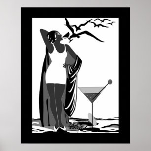 Poster ART DECO LADY Black White Martini