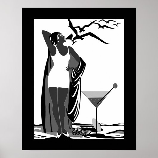 Poster ART DECO LADY Black White Martini (Voorkant)
