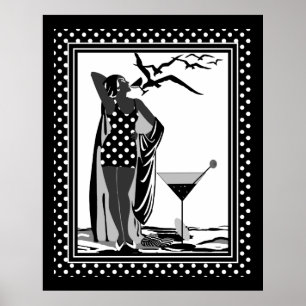 Poster ART DECO LADY Black White spots