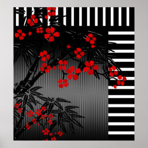 Poster Asian Red Black White Bamboo Floral 4