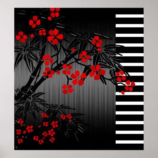 Poster Aziatisch Rood Zwart Wit Bamboe Bloem 2 (Voorkant)