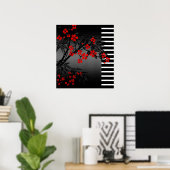 Poster Aziatisch Rood Zwart Wit Bamboe Bloem 2 (Thuiskantoor)
