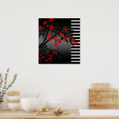 Poster Aziatisch Rood Zwart Wit Bamboe Bloem 2 (Keuken)