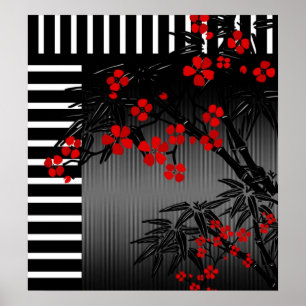 Poster Aziatisch Rood Zwart Wit Bamboe Bloem 3