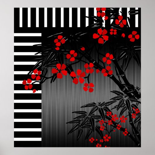 Poster Aziatisch Rood Zwart Wit Bamboe Bloem 3 (Voorkant)