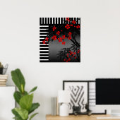 Poster Aziatisch Rood Zwart Wit Bamboe Bloem 3 (Thuiskantoor)