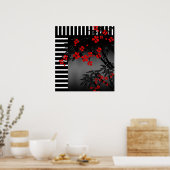 Poster Aziatisch Rood Zwart Wit Bamboe Bloem 3 (Keuken)