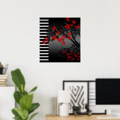 Poster Aziatische Rode Zwarte Witte Bamboe Bloem (Thuiskantoor)