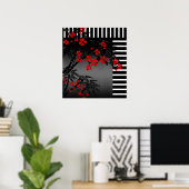 Poster Aziatische Rode Zwarte Witte Bamboe Bloem 4 (Thuiskantoor)