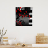 Poster Aziatische Rode Zwarte Witte Bamboe Bloem 4 (Keuken)