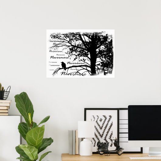 Poster - B&W Nevermore Raven Silhouette (Thuiskantoor)