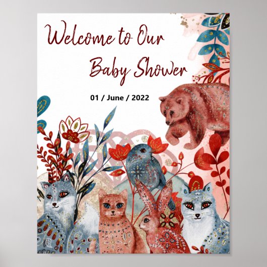 Poster baby shower rood en blauw met dieren (Voorkant)