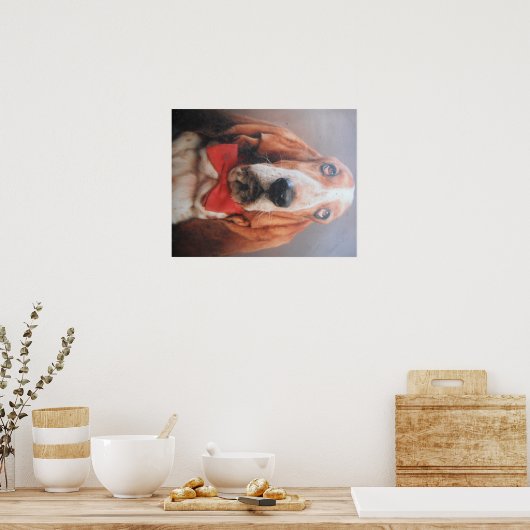 Poster Basset Hond met rood Stropdas (Keuken)