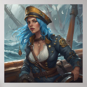 Poster - Blauw Nautische Pirate Pin-Up Meisje AI A