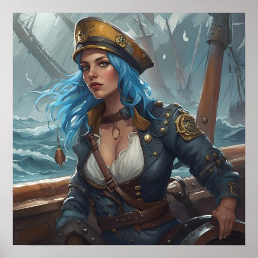 Poster - Blauw Nautische Pirate Pin-Up Meisje AI A (Voorkant)