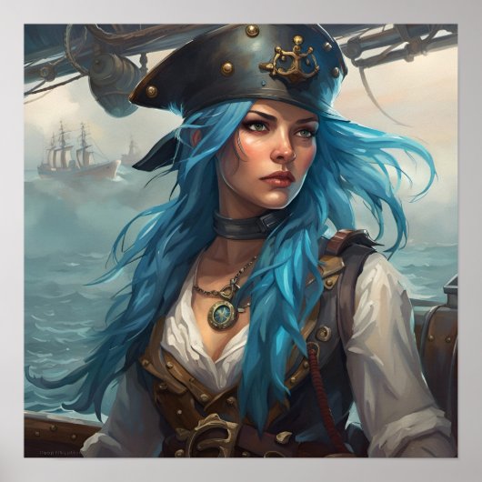 Poster - Blauwe Nautilus Piraat Pin-Up Meisje AI B (Voorkant)
