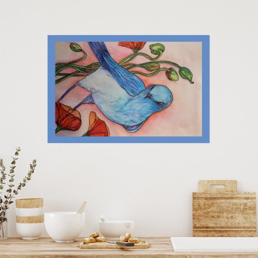 poster blauwe vogel en papaver (Keuken)